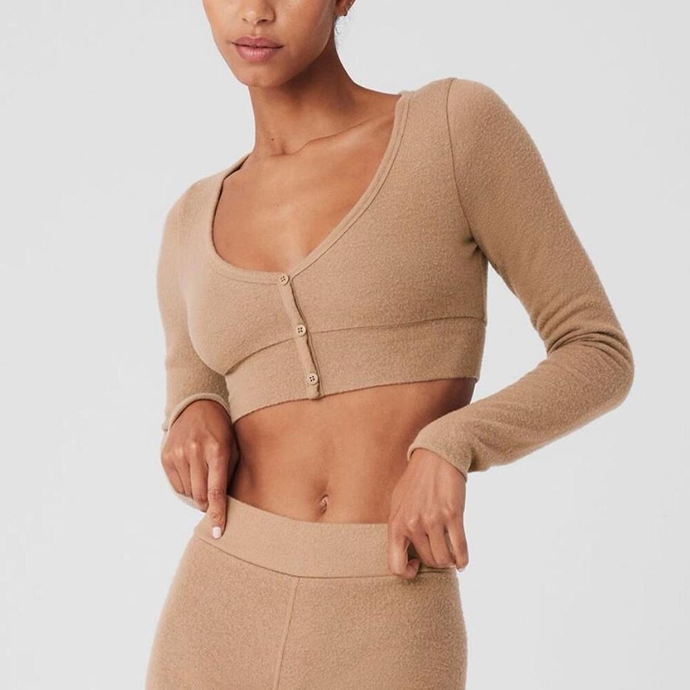 Alo Yoga AloLux Me Time Cropped Cardigan & High Waist Shorts Toasted Almond Sz S